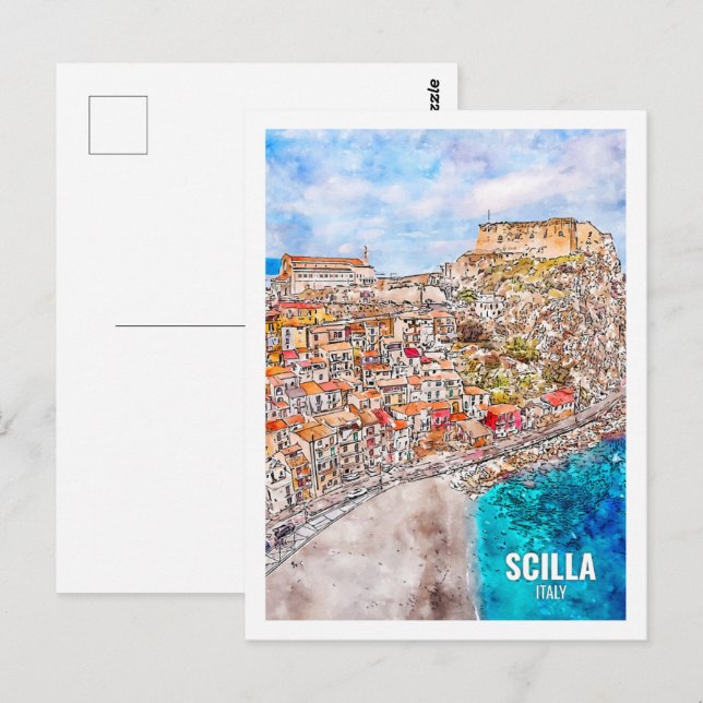 Scilla Italy Famous Travel Place Watercolor Sketch Postcard (Front/Back)