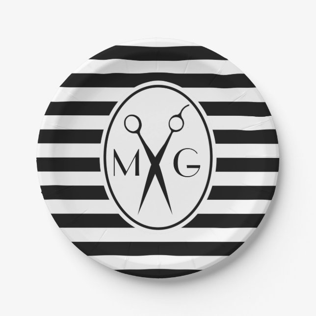 Scissor Monogram Initials Hair Stylist Barber Shop Paper Plate (Front)