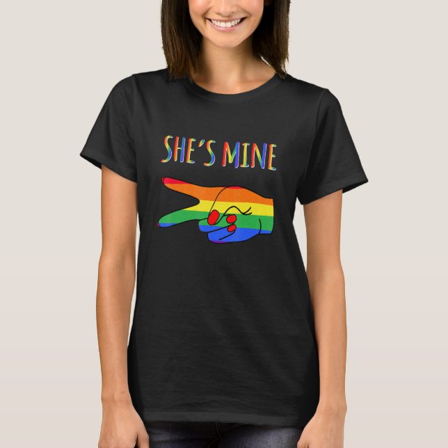Scissoring Lgbt She's Mine Lesbian Couple Matching T-Shirt (Front)