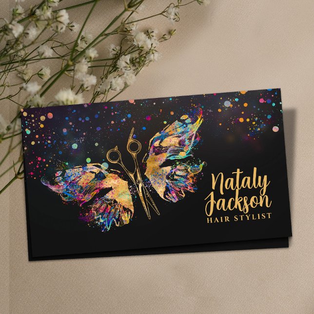 Scissors and Butterfly - gold and colour splatter Business Card (Creator Uploaded)