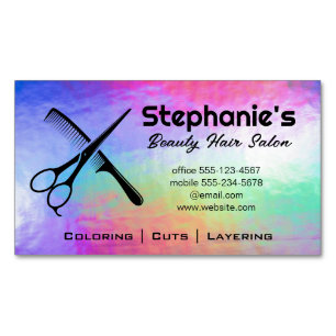 Scissors and Comb   Rainbow Iridescent Background Magnetic Business Card