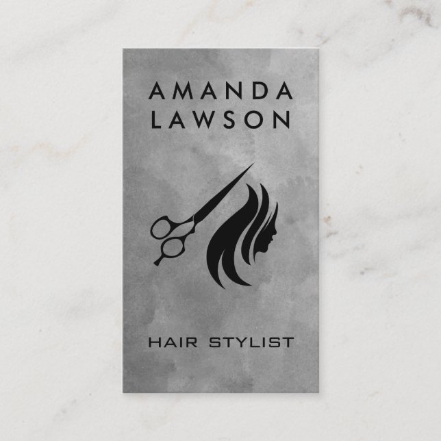 Scissors and Hair Logo | Grey Watercolor Business Card (Front)
