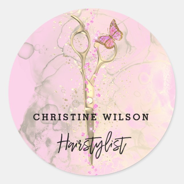 scissors butterfly pink ink splashes classic round sticker (Front)