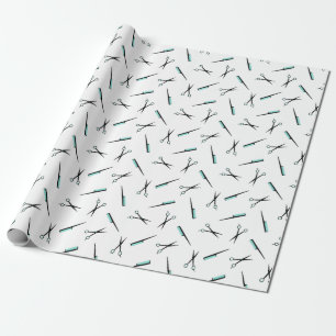 Scissors & Combs Pattern - Black White & Turquoise Wrapping Paper