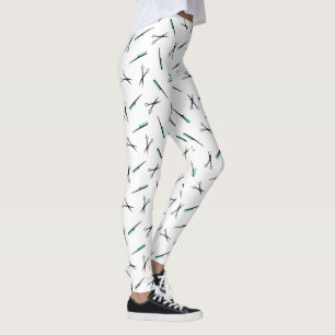 Scissors & Combs Pattern - White Black Turquoise Leggings