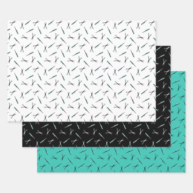 Scissors & Combs Teal Hair Stylist Patterns Wrapping Paper Sheet (Set)