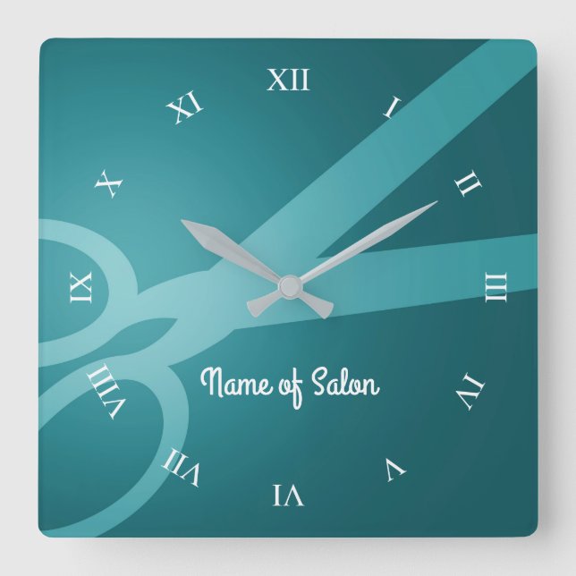 Scissors | Cyan | Hair Salon Square Wall Clock (Front)