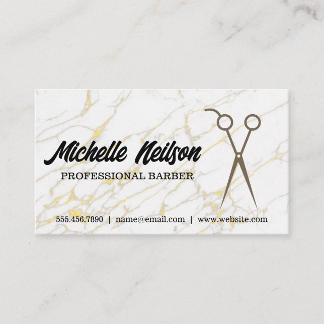 Scissors | Gold White Marble Background Business Card (Front)