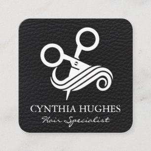 Scissors Hair Logo   Black Leather Square Business Card