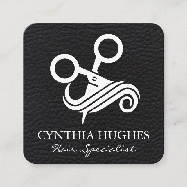 Scissors Hair Logo | Black Leather Square Business Card (Front)