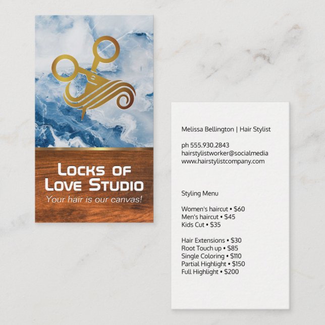 Scissors Hair Logo | Blue Marble | Wood Appointment Card (Front/Back)