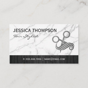 Scissors Hair Logo Marble Wood Trim Business Card