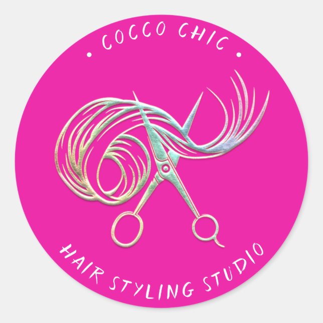 Scissors Hair Logo Name Thank You Holograph Pinky Classic Round Sticker (Front)