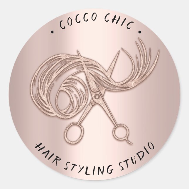 Scissors Hair Logo Name Thank You Rose Blush Classic Round Sticker (Front)