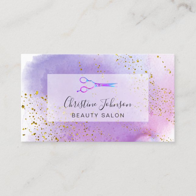 scissors on FAUX purple glitter watercolor Business Card (Front)