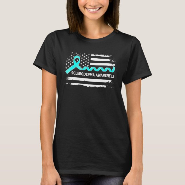 Scleroderma Awareness American Flag   Teal Ribbon T-Shirt (Front)