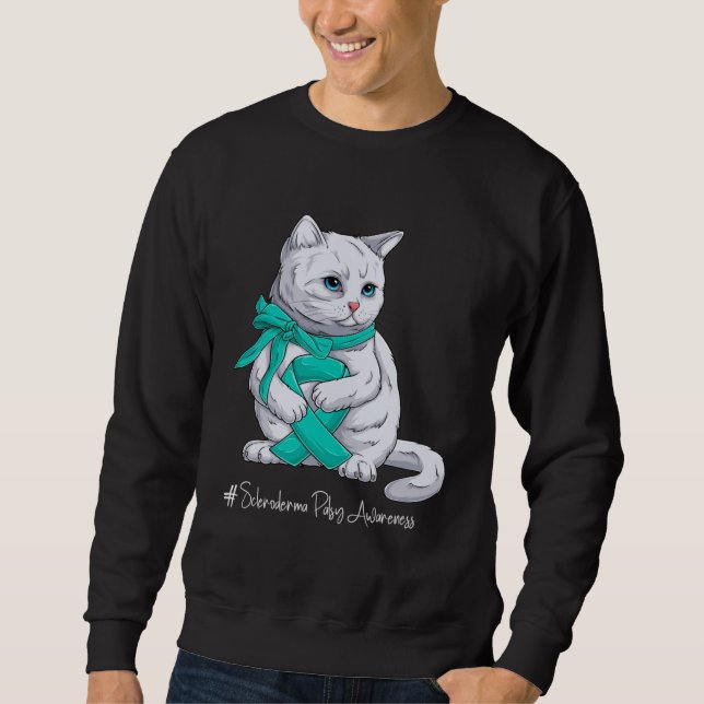 Scleroderma Awareness Month Teal Ribbon Cat Sweatshirt (Front)