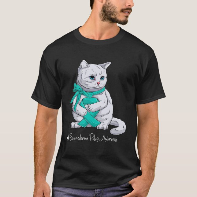 Scleroderma Awareness Month Teal Ribbon Cat T-Shirt (Front)