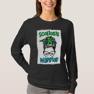 Scoliosis Warrior Awareness Messy Bun Green Ribbon T-Shirt
