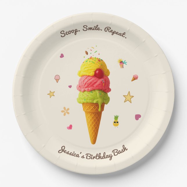 Scoop. Smile. Repeat. – Birthday Party Plate (Front)