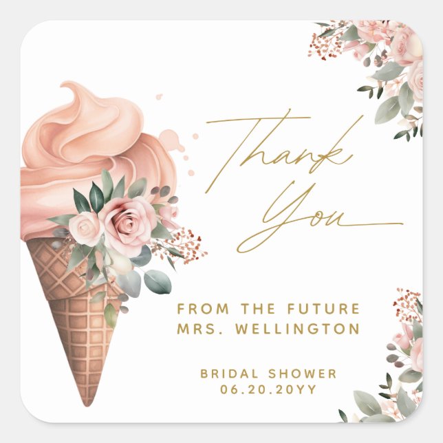 Scooped Up Ice Cream Floral Pink Bridal Shower Square Sticker (Front)