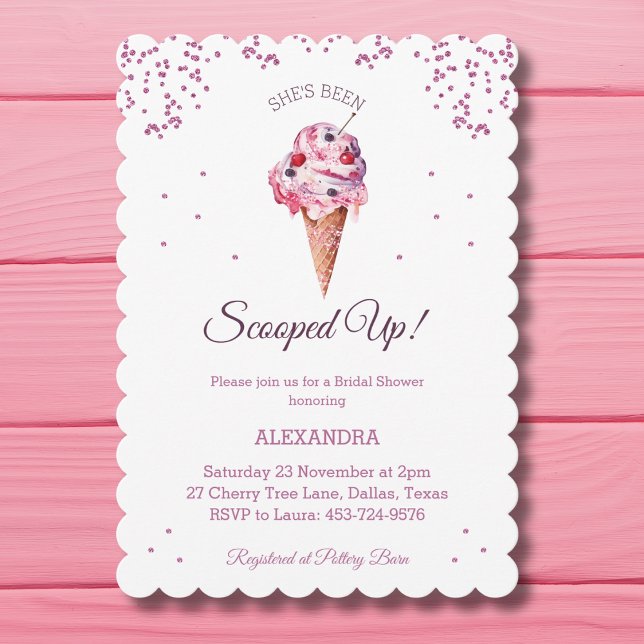 Scooped Up, Pink Glitter Ice Cream Bridal Shower  Invitation (Creator Uploaded)