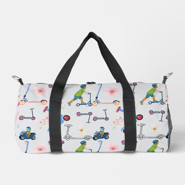 Scooter Bloom Duffle: Whimsical Wheels Carryall Duffle Bag (Front)
