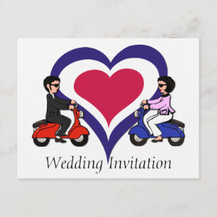 Scooter Boy and Girl mod heart 4.25X5.5 Linen Invitation