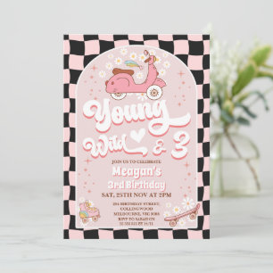 Scooter Pink Young Wild and Three 3rd Birthday Invitation