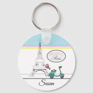 Scooter riding past the Eiffel Tower Paris France Key Ring