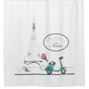 Scooter riding past the Eiffel Tower Paris France Shower Curtain