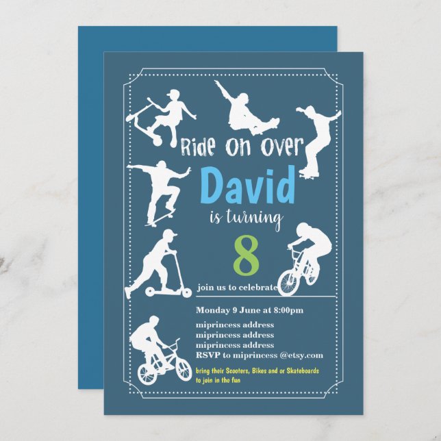 Scooters, Bikes and or Skateboards, ride on over Invitation (Front/Back)