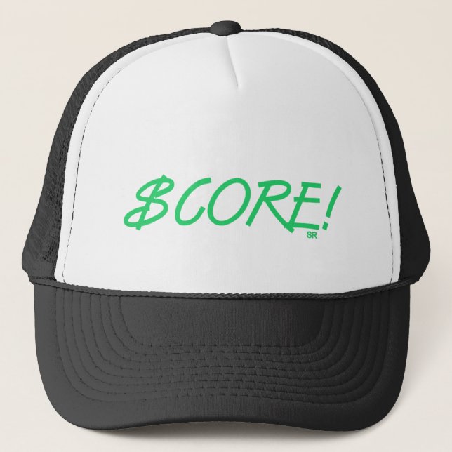 Score dollar sign green black white trucker hat (Front)