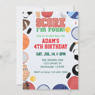 Score I'm Four, Sports 4th Birthday Invitation