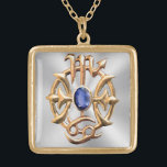 Scorpio and Pisces Medallion Gold Plated Necklace<br><div class="desc">Medium square gold-finished necklace with an image of gold Scorpio and Pisces astrological signs with a sparkling blue sapphire on gleaming silver. See matching belt buckle,  wrist watch and acrylic photo sculpture pin and keychain. See the entire Gemstones & Medallions Necklace collection in the ACCESSORIES section.</div>
