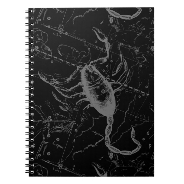 Scorpio Constellation Hevelius 1690 on Black Spiral Notebook (Front)