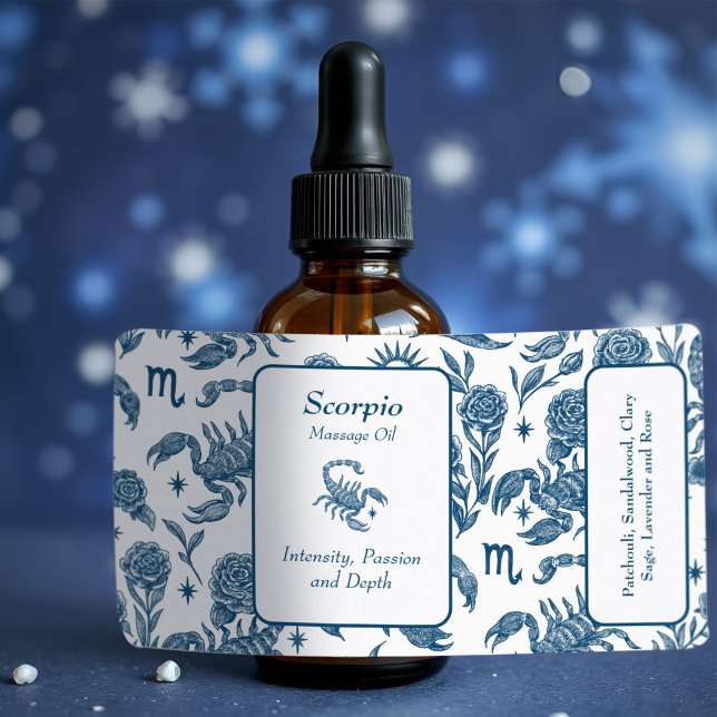 Scorpio Essential Oil Bottle Feminine Blue Floral (Gorgeous Scorpio essential oil bottle label with detailed scorpions and feminine blue floral pattern)