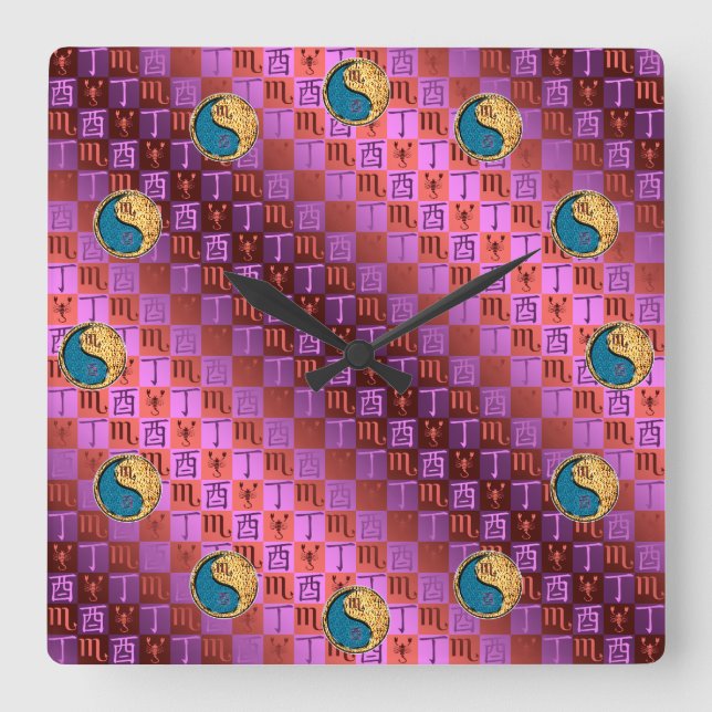 Scorpio & Fire Rooster Square Wall Clock (Front)