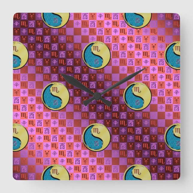 Scorpio & Metal Rooster Square Wall Clock (Front)