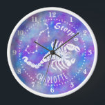 Scorpio Scorpion Constellation Stars Name Birthday Clock<br><div class="desc">This fun clock makes the perfect gift for anyone born under the zodiac sign Scorpio. It includes a vintage scorpion, plus the constellation and space for the birthday person's name, all in white with a purple-pink starry background. Just use the easy template to add your personalised name. DESIGN TIP: You...</div>