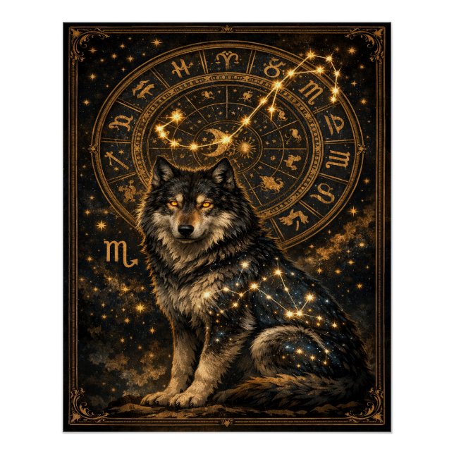 Scorpio Wolf Zodiac Wheel Constellation Celestial  Poster (Front)