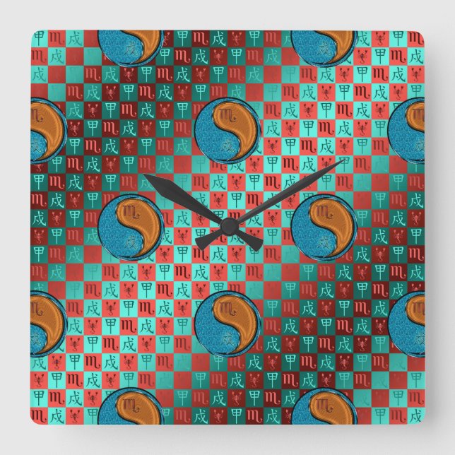 Scorpio & Wood Dog Square Wall Clock (Front)