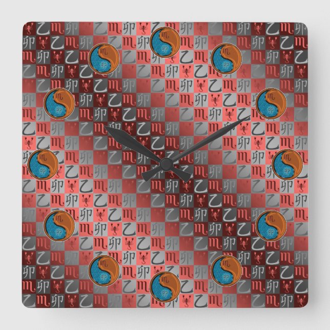 Scorpio & Wood Rabbit Square Wall Clock (Front)