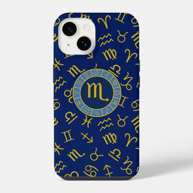 Scorpio Zodiac+Astrology Symbols Pattern Gld+Blues iPhone Case (Back)