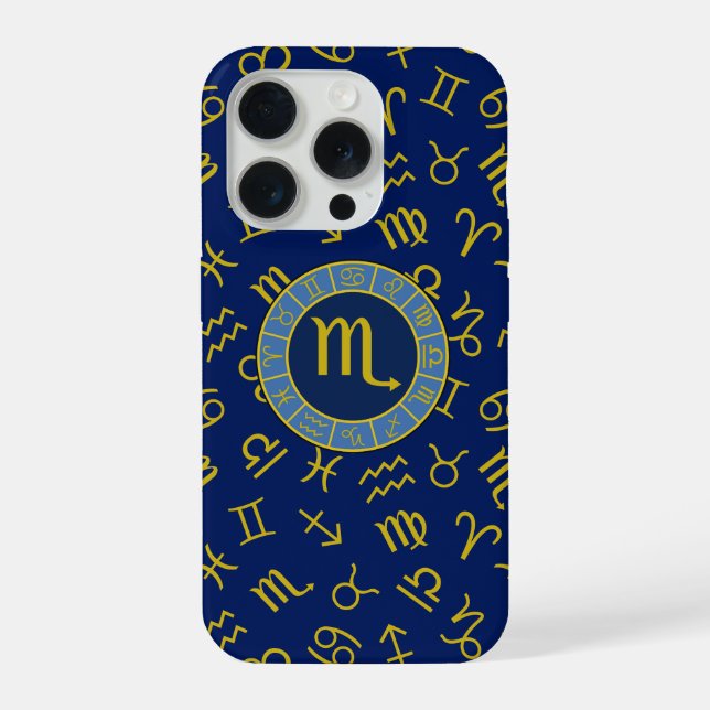 Scorpio Zodiac+Astrology Symbols Pattern Gld+Blues iPhone Case (Back)