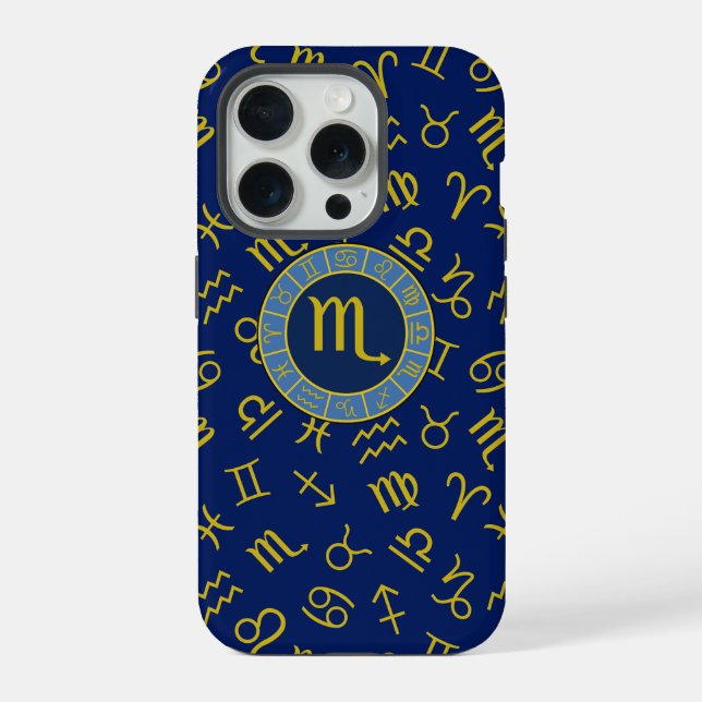 Scorpio Zodiac+Astrology Symbols Pattern Gld+Blues iPhone Case (Back)