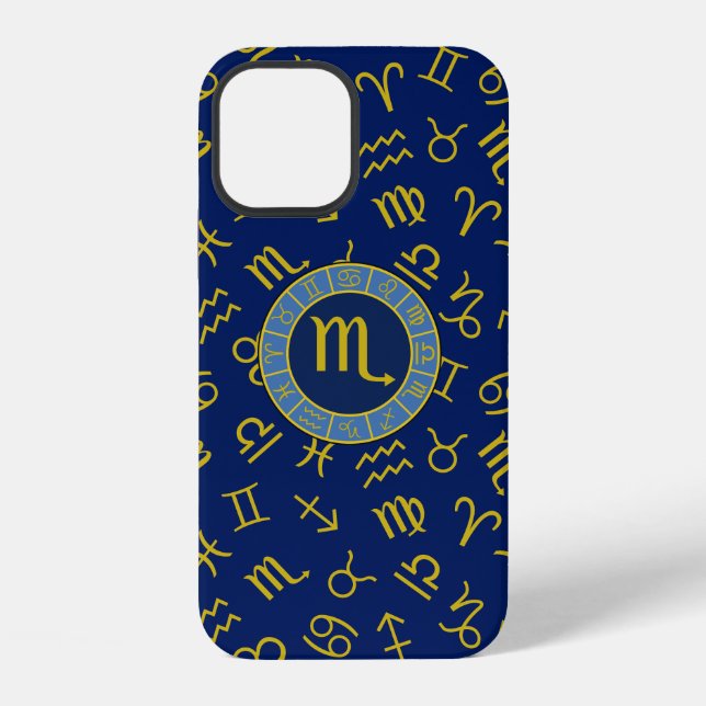 Scorpio Zodiac+Astrology Symbols Pattern Gld+Blues iPhone Case (Back)