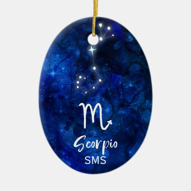 Scorpio Zodiac Constellation Blue Galaxy Monogram Ceramic Tree Decoration (Front)