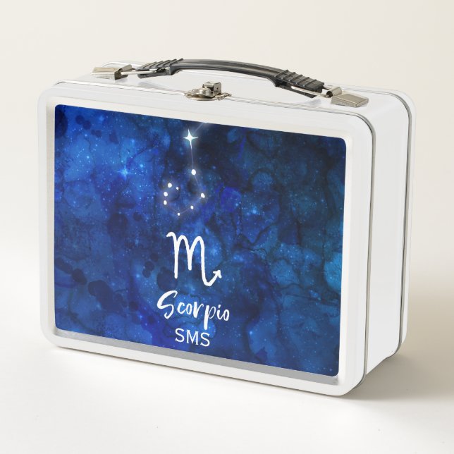 Scorpio Zodiac Constellation Blue Galaxy Monogram Metal Lunch Box (Front)