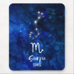 Scorpio Zodiac Constellation Blue Galaxy Monogram Mouse Pad<br><div class="desc">Scorpio Zodiac Constellation Blue Galaxy Monogram Design With trendy Brushed Script Font, Dark blue celestial watercolor background texture, Glowing star constellation, and The Scorpion symbol. Modern Astrological Sign Birth Horoscope, is perfect for any Scorpion Birthday From October 23 - November 21 ! With Optional Monogrammed First Middle and Last name...</div>